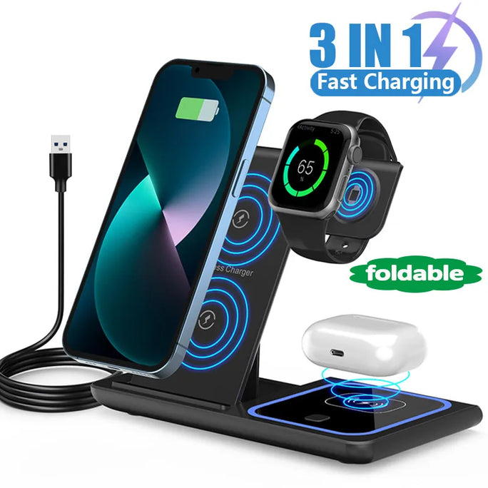 3-in-1 Wireless Charging Station – Foldable Pad for iPhone 15/14/13/12, Watch & AirPods