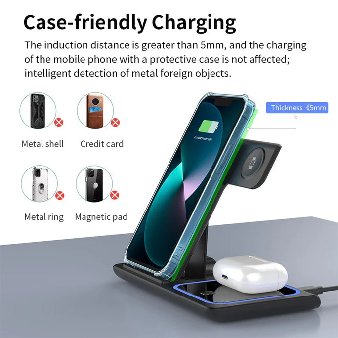 3-in-1 Wireless Charging Station – Foldable Pad for iPhone 15/14/13/12, Watch & AirPods