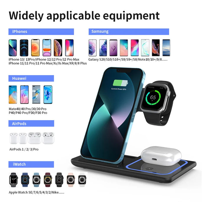 3-in-1 Wireless Charging Station – Foldable Pad for iPhone 15/14/13/12, Watch & AirPods